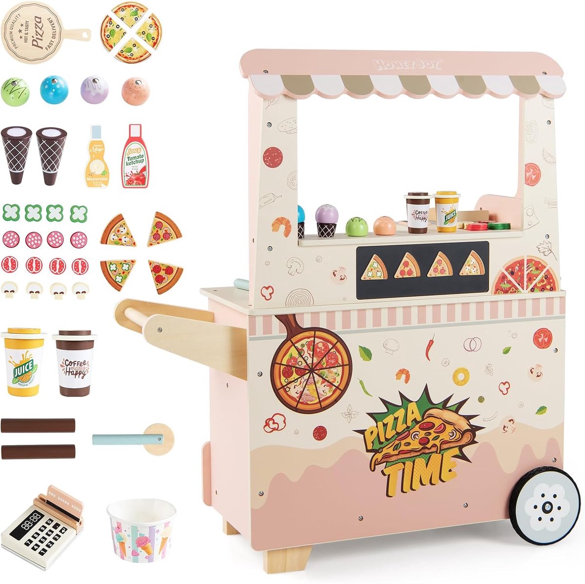 COSTWAY IJskar kinderen hout, pizzawagen met 41 accessoires incl. pizza set & ijs, winkel met oven, magnetisch bord & kassa automaat, pizza ijswinkel voor kinderen vanaf 3 jaar