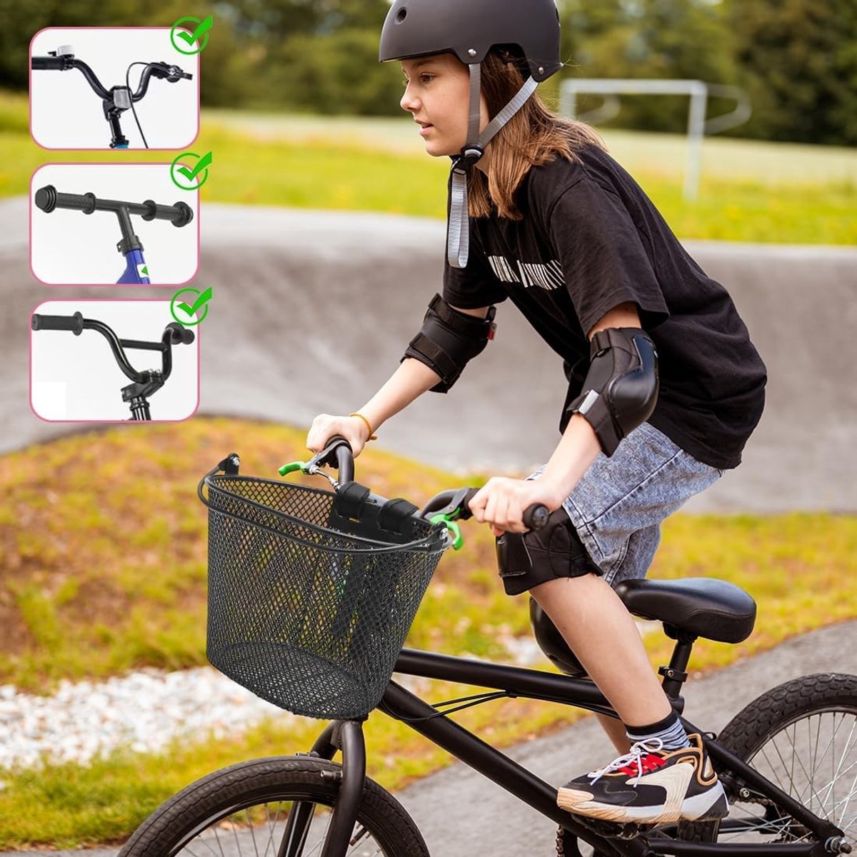 voor, fietsmand voor kinderen met verstelbare leren riemen, stuurtas voor kinderen, metalen mand, fijnmazig honingraatrooster, afneembare stuurmand voor meisjes en jongens