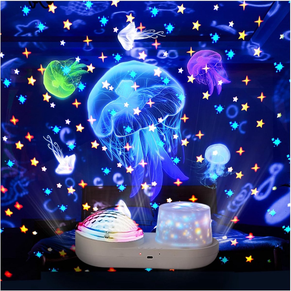 Sterrenhemel Projector Nachtlamp, Dubbele LED Projector met USB-kabel, 360° Verstelbare Rotatie, Cadeau voor Kinderfeest en Verjaardag, Sfeerlamp voor Slaapkamerdecoratie