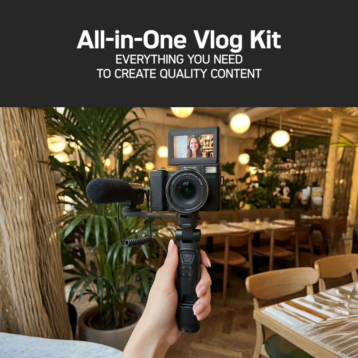 LG AGFAPHOTO Vlogging-set VLG-4K - 4K-camera met 24 MP, 8x optische zoom, 3-inch LCD-scherm, CMOS-sensor, statief, powerbank, microfoon, afstandsbediening, inclusief microSD-kaart van 32 GB, lithiumbatterij thumbnail 2