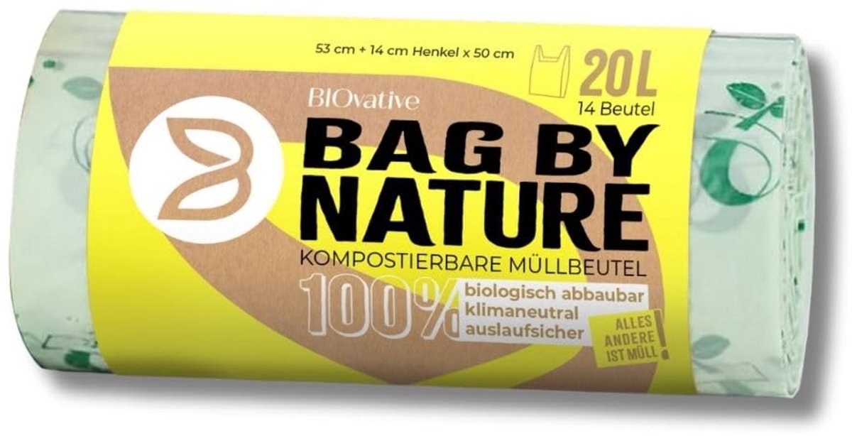 SnelShoppen - 20L Composteerbare Afvalzakken met Handvat - 56 Biologische Vuilniszakken - 100% Biologisch Afbreekbaar en Klimaatneutraal - Scheurvast
