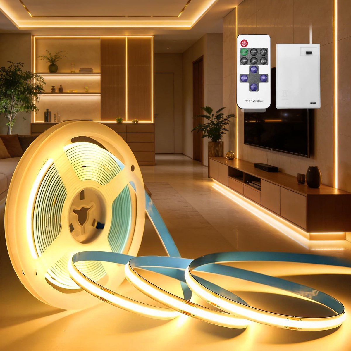 SnelShoppen - Dimbare LED Strip Batterijen COB 3M Warm Wit 3000K 320LEDs/M 5V Zelfklevend Flexibel LED Strip met Afstandsbediening voor Slaapkamer, Ke