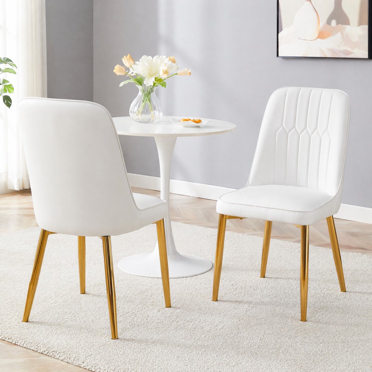 MEUNIQ Set van 2 eetkamerstoelen wit met goudkleurige metalen poten, kunstleren zitting, gestikte rugleuning en modern design