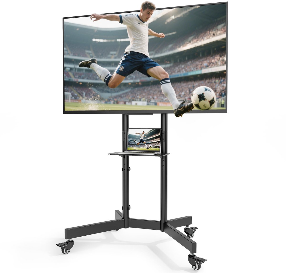 SnelShoppen - ECOTINY TV-vloerbeugel met wielen, hoogte verstelbaar, kantelbaar, laptoprek, robuuste mobiele tv-trolley voor TV's 81-214 cm, VESA 600x