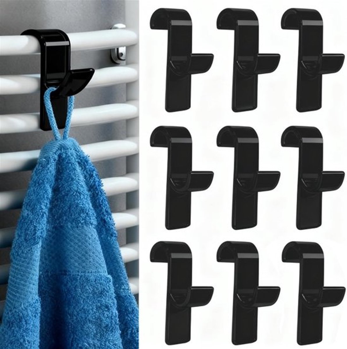 Radiator Haken Verwijderbaar - 10 Stuks - Handdoekhaken Zelfklevend - Zwart - Geschikt voor Alle Standaard Radiatoren - Hoogwaardig Mat