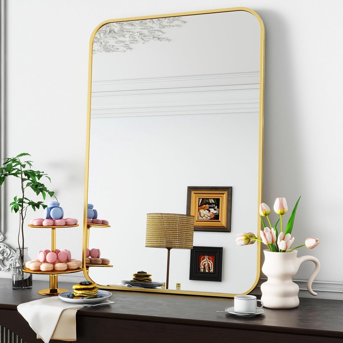 SnelShoppen - Koonmi Wandspiegel 96 x 66 cm - Rechthoekige Badkamerspiegel met Metalen Frame - Ronde Hoek - Wandmontage - Horizontaal of Verticaal - G