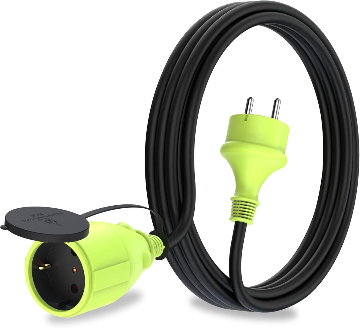 SnelShoppen - 3 m Schuko verlengkabel IP44 voor buitengebruik H05RR-F3G 1.5mm² met geaarde stekker en Schuko aansluitingen, zwart/groen, ideaal voor t