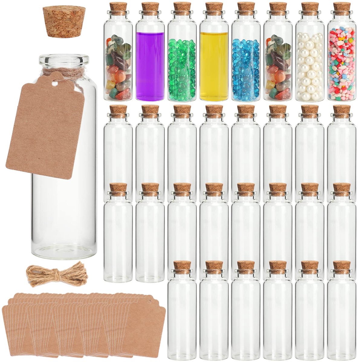 30x Mini Glazen Flesjes met Kurk, Kleine Potjes voor Knutselen en Decoratie