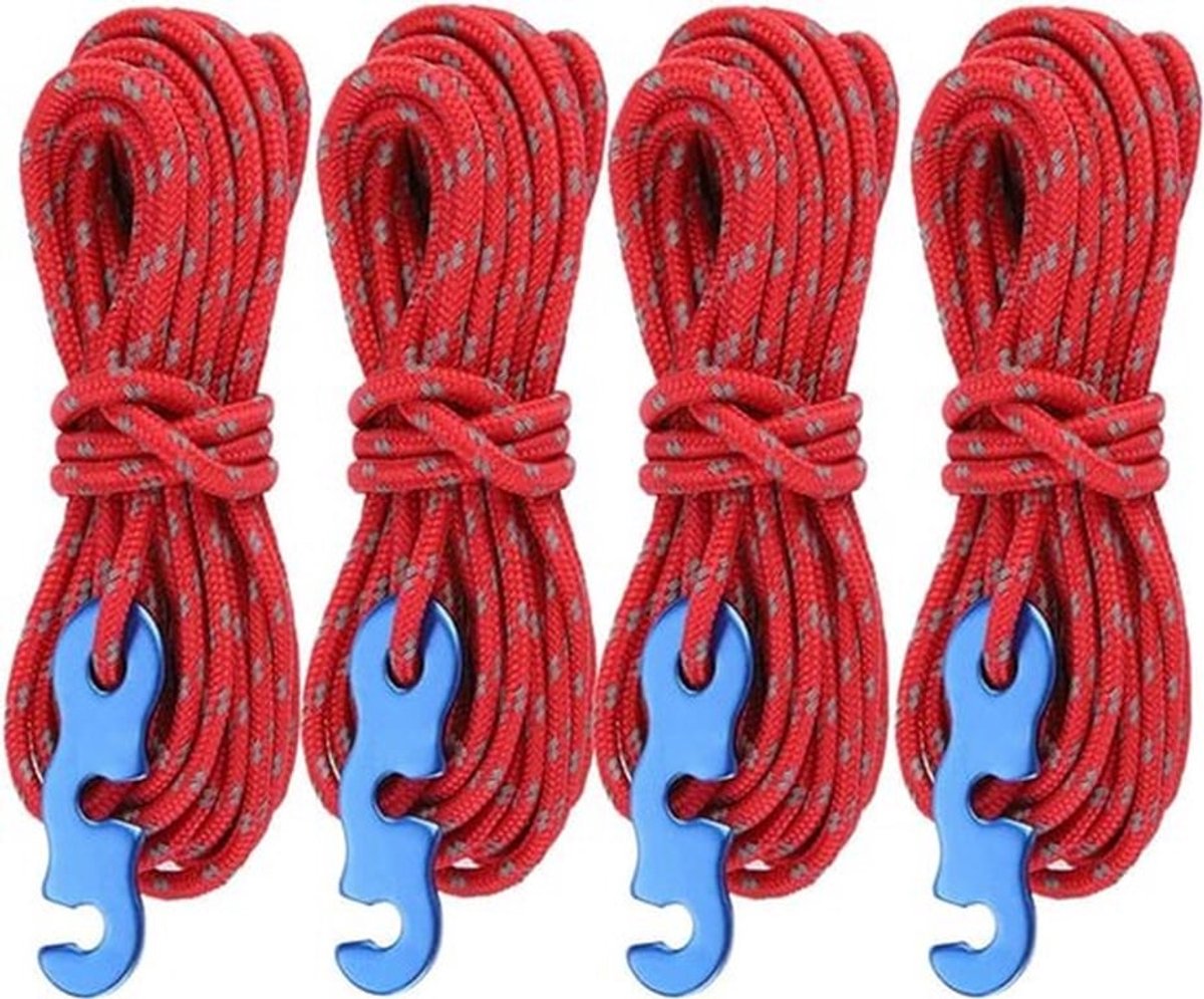 Reflecterend tenttouw, 4 meter nylon touw, 3 mm diameter, kampeertouw met spanner (4 stuks), rood.