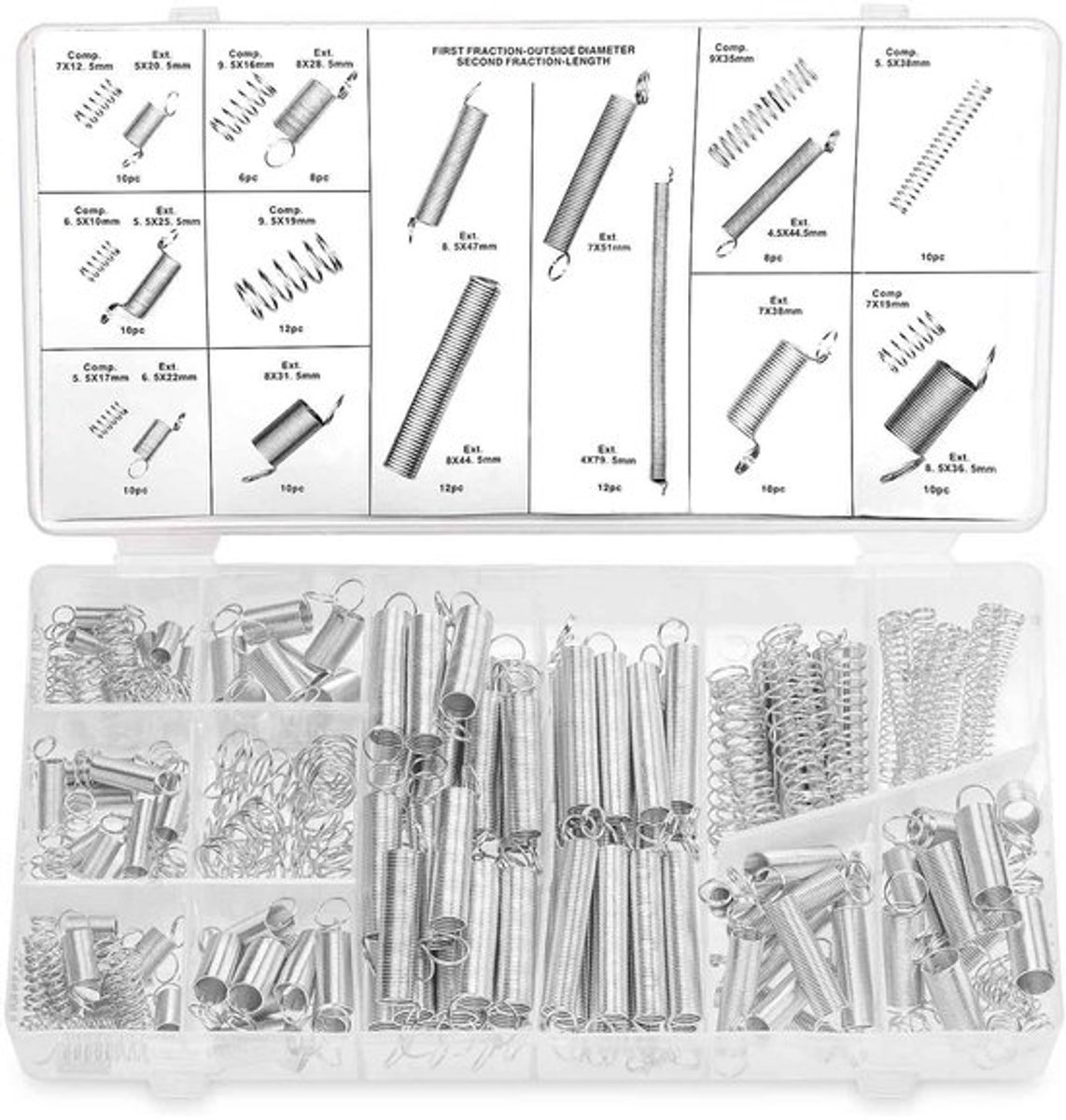Deze 200-delige verenset bevat trekveren, drukveren en haakveren. Het is een doe-het-zelf accessoirekit, geschikt voor autoreparaties, huisreparaties en doe-het-zelfprojecten.