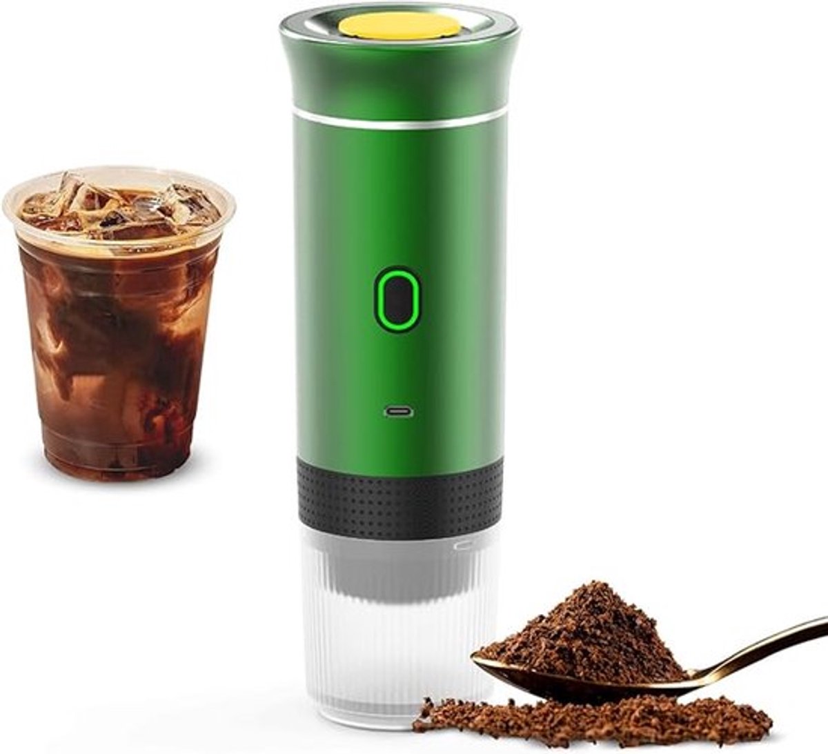 Groene, draadloze koffiemachine voor in de auto, thuis en op reis, 3-in-1 elektrische koffiemachine, geschikt voor capsules of gemalen koffie, mini-koffiemachine (15 bar) voor koud brouwen en warm koffiezetten, kopjes met een inhoud van 15 ml.