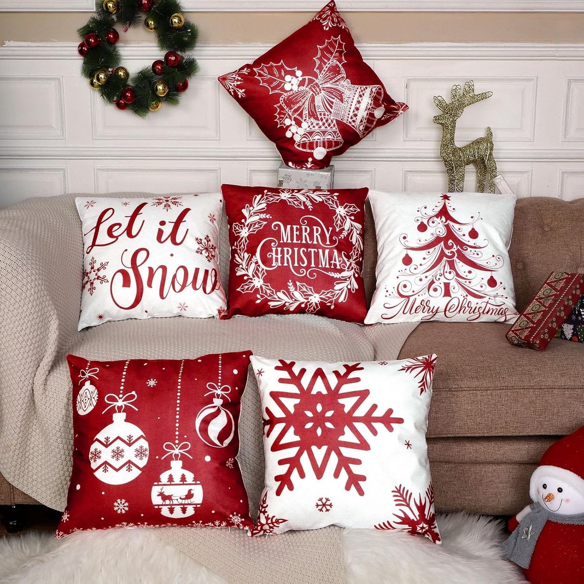 Kerstkussenslopen Set van 6 - Decoratieve Kussens voor Sofa, Bank en Slaapkamer - Feestelijke Kussens voor Kerstmis en Vakantie (Warm stijl, 40x40cm)