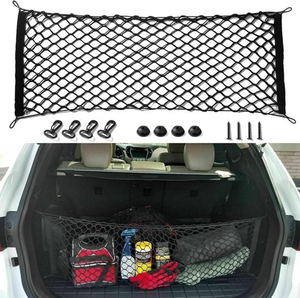 Bagagenet voor de auto, kofferbaknet, elastisch, met haken, universeel autonet, opslag, mesh, kofferbak, opslag voor de meeste soorten voertuigen (100 x 49 cm)