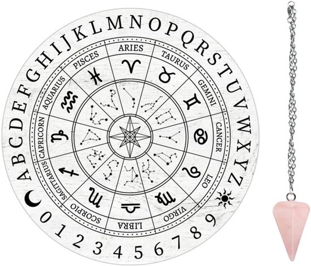 Pendelbord Houten Design - Astrologische Tekens - Kristallen Pendel - Wichelroede - Spirit