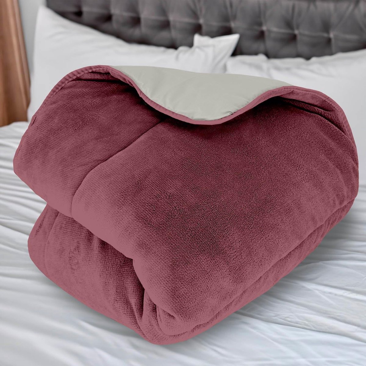 SnelShoppen - Fleece Lined Microfibre Duvet 240 x 260 cm, Two-Tone Dekbed in Duskroze en Ivoor, Luxe Slaapcomfort voor Heerlijke Nachten
