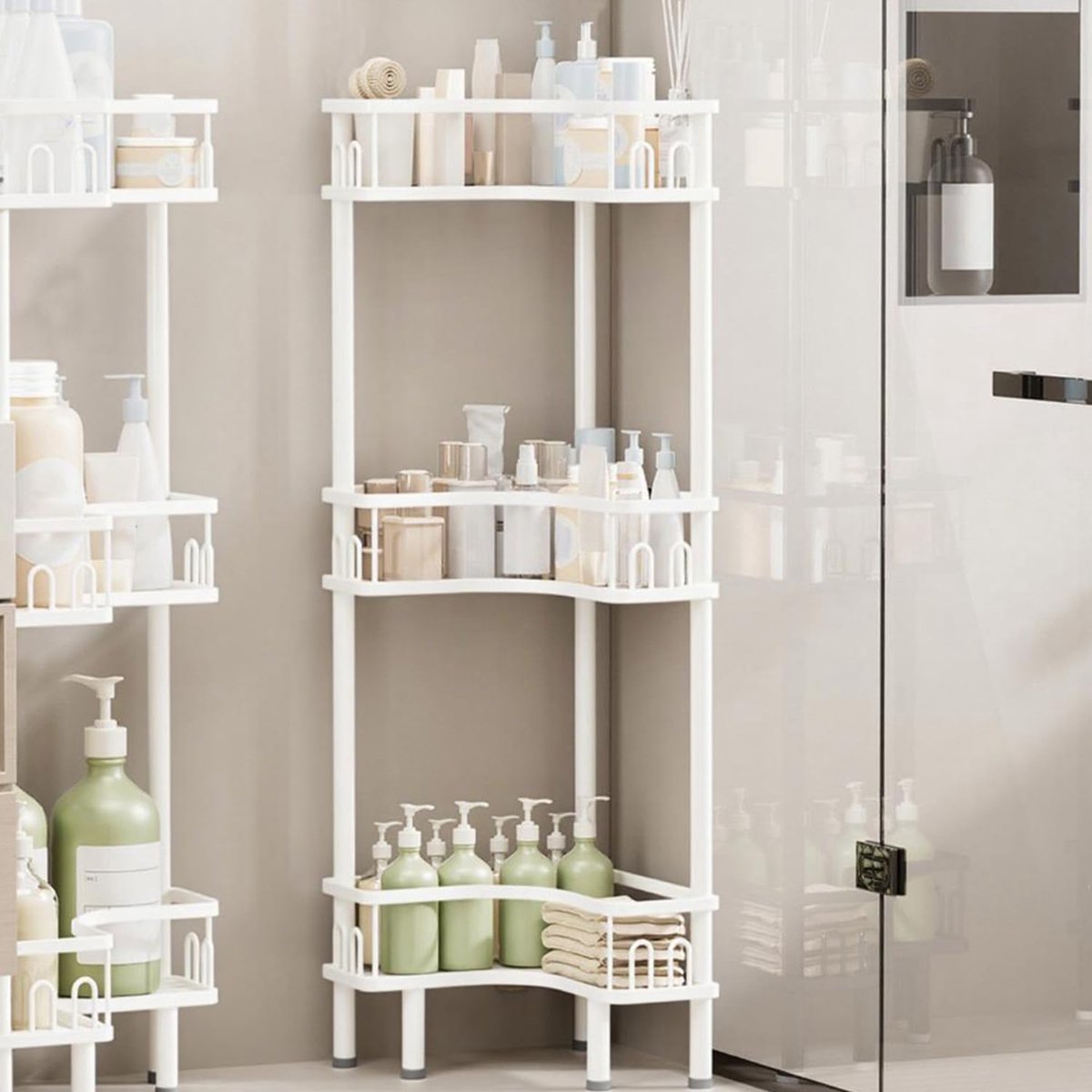 SnelShoppen - Vrijstaande douchecaddy met 3 niveaus en 4 haken per plank, waterdichte hoekorganisator voor badkamer en keuken in wit, grote capaciteit