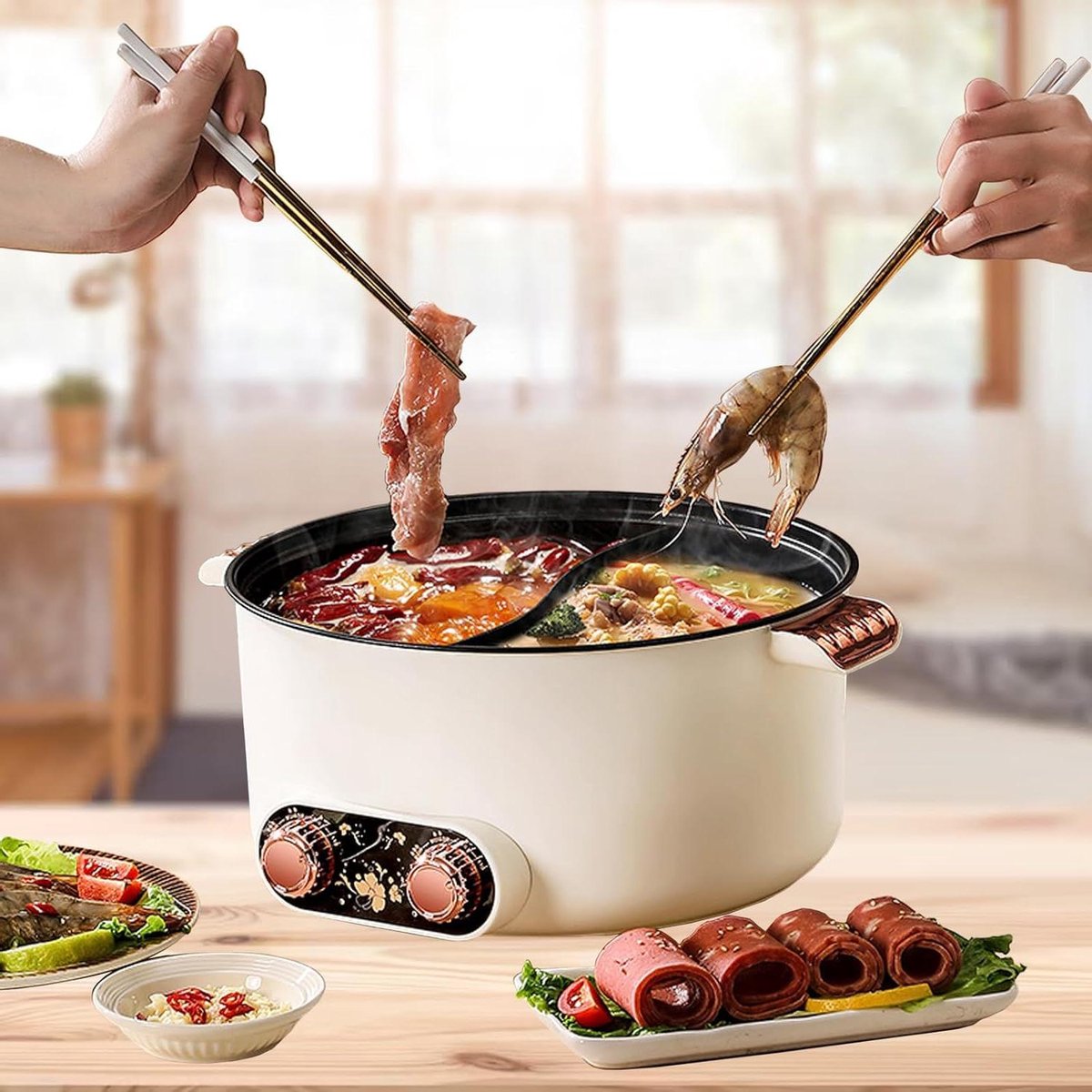 Elektrische Hot Pot - Dubbele Kookpan - Gezellig Eten - Twee Regio's - 5 Liter - Zwart