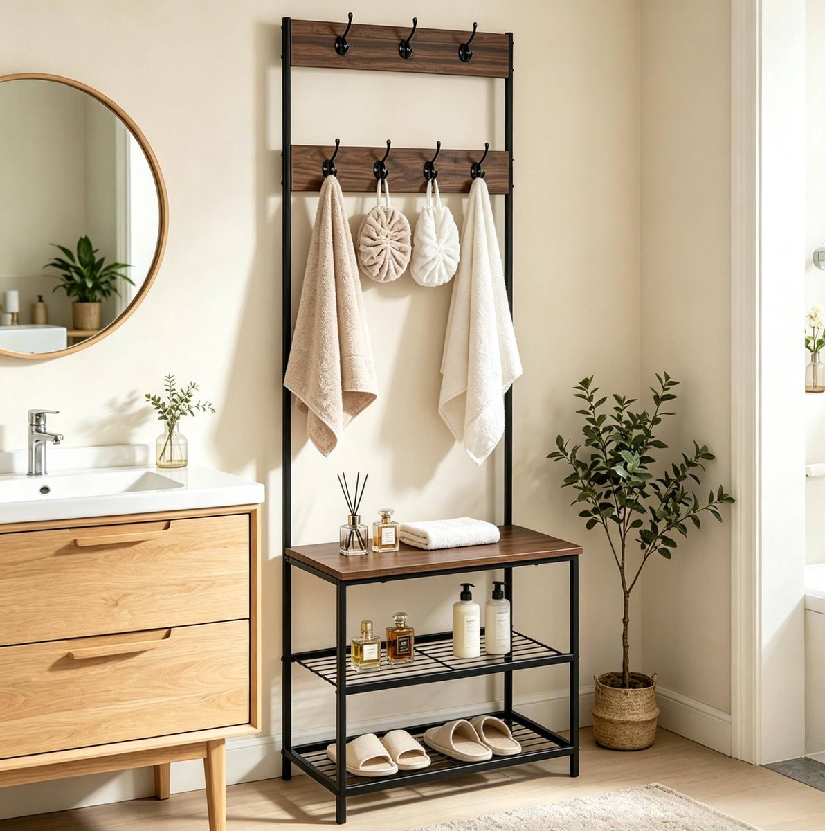 Kledingrek Met Schoenenrek En Bankje – 3 In 1 – 60 X 30 X 170 Cm – Metaal En Hout – Donker Hout – Hal, Slaapkamer En Opbergen