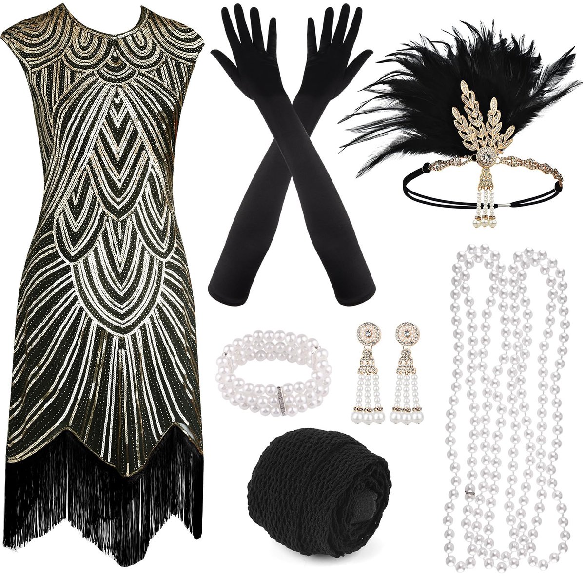SnelShoppen - Jaren 20 Flapper Gatsby Jurk met Pailletten, Kralen, Franjes en Accessoires Set voor Feest, Brullende Jaren 20 Kostuum voor Vrouwen