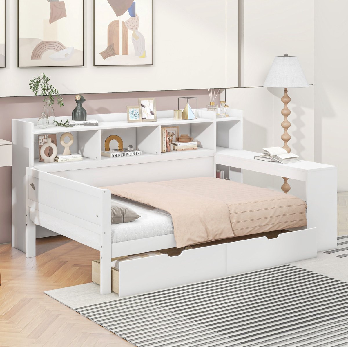 COVREO Bedbank 90 x 200 cm - wit, spaanplaat en MDF, met bureau, USB en 2 lades