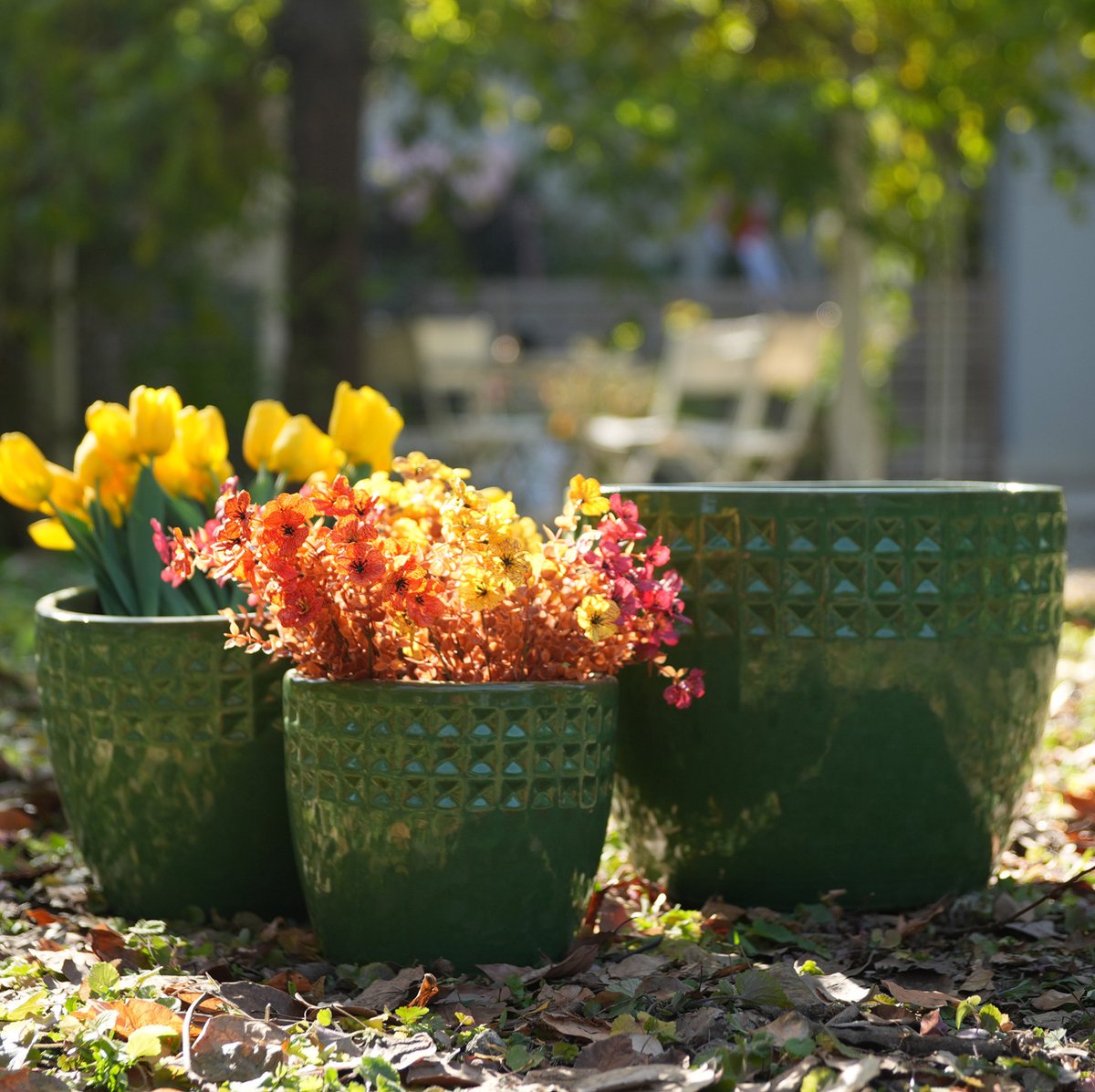 MODENUIT Bloempotset – 3-delig – Ø 38,1/30,5/22,9 cm – Keramiek – Antiek Lichtgroen – Binnen & Buiten
