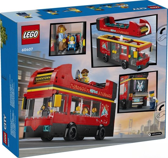 LEGO City rode dubbeldekkerbus met "DOWNTOWN" op de voorkant, rode en gele strepen. Met toeristen op het bovendek.
