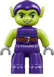 Groene LEGO Duplo figuur van de Green Goblin met paarse kleding en helm.