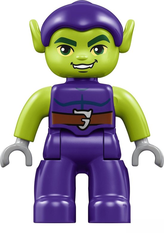 Groene LEGO Duplo figuur van de Green Goblin met paarse kleding en helm.