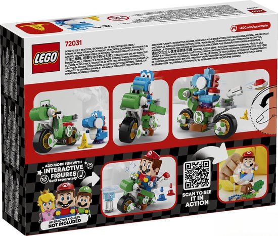 Doos van de Lego set 72031 "Mario Kart - Yoshi-Crosser" met afbeeldingen van het model, de inhoud en interactieve figuren (niet inbegrepen).