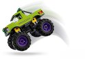 Groene LEGO monster truck met "HULK SMASH!" op de zijkant en paarse velgen, springend met rook-effect.