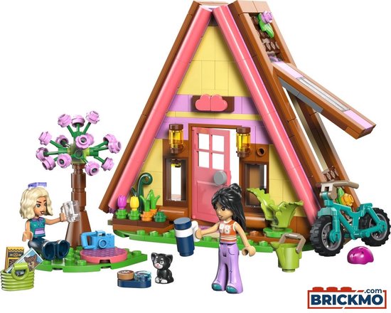 LEGO Friends Natuur Glamping Cabin met twee minipoppen, een boom, een motor en een zwart katje.