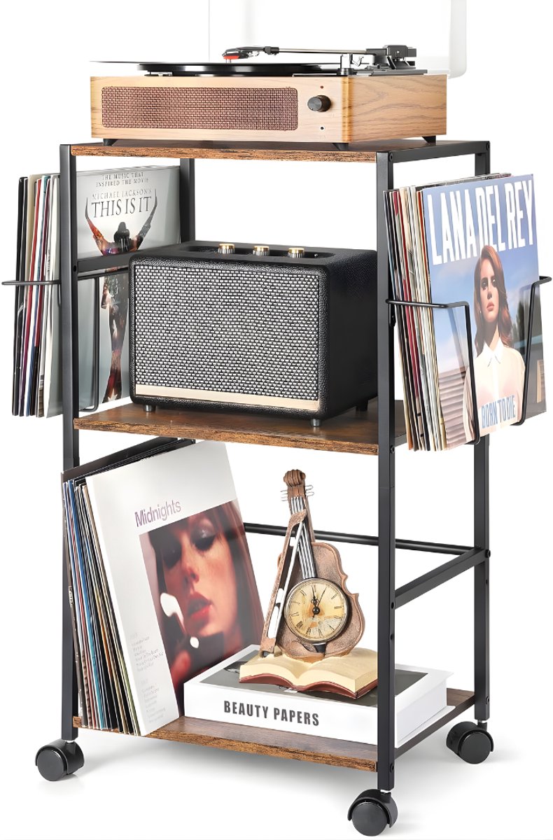Ploutos® Platenspeler Meubel - Opslag Van Vinylplaten - 150 Platenalbums - Bruin en Zwart - 30cm x 45cm x 74cm