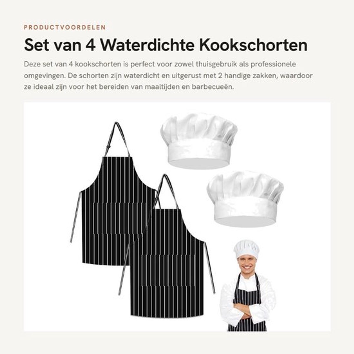 Kookschorten 4 stuks - Waterdicht - Verstelbaar - Met 2 zakken - Koksmutsen - Polyester katoen - Comfortabel ontwerp - Keukenschort