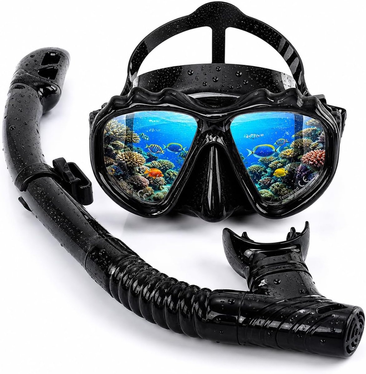 SnelShoppen - Duikbril Volwassenen en Snorkelset - 180° Panoramisch Duikmasker met Gehard Glas, Anti-condens, Dry-Top Snorkel en Vloeibare Siliconen -