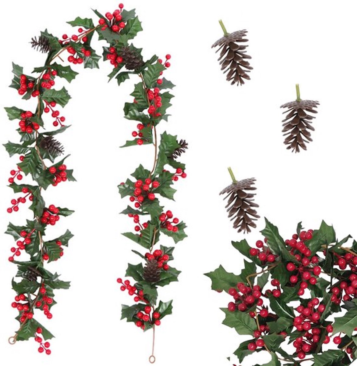 Kerstslinger met dennenappels, kerstbessenslinger, kunstmatige rode bessenslinger, realistische kerstslingers, voor Nieuwjaar, open haard, tafeldecoratie (175 cm)