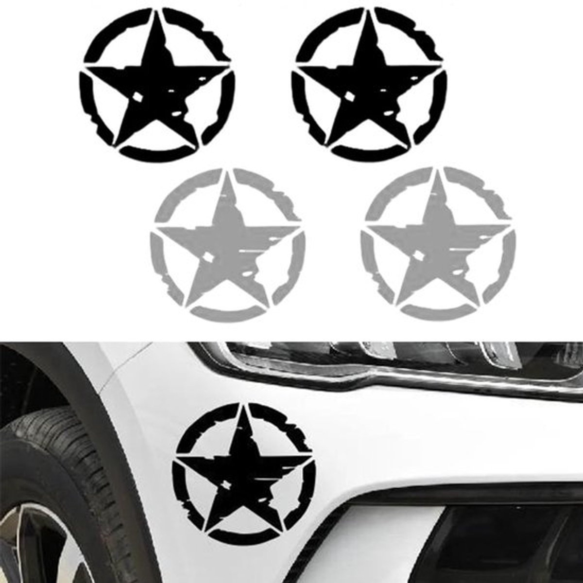 Autostickers Reflecterend - 4 Stuks Sterren - Zwart/Wit - Duurzaam PET-Materiaal - Weerbestendig - 15 cm x 15 cm - Autosticker