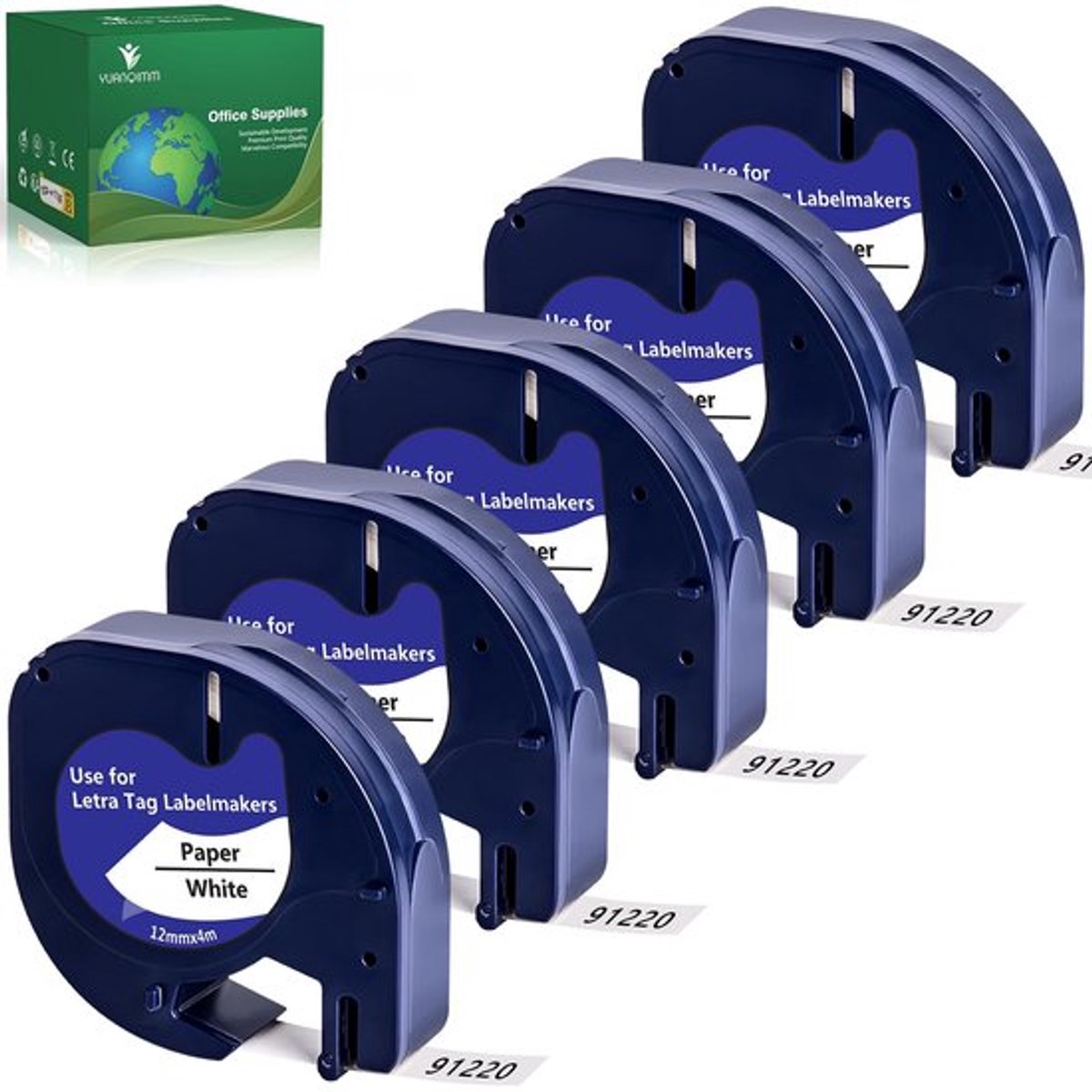 Etikettape 12mm x 4m - Vervangingset - Compatibel met Dymo Letratag - Zwart op wit - 5-Pack - Hoge kwaliteit - Label Tape