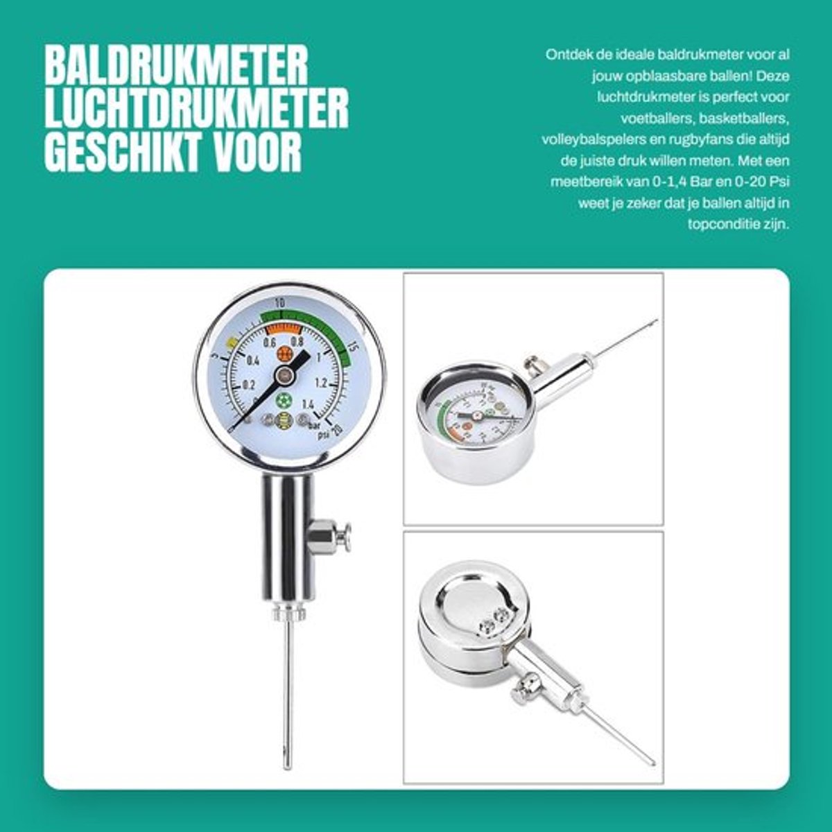 Baldrukmeter 0-1,4 Bar - Luchtdrukmeter - Voetbal/Basketbal/Volleybal/Rugby - Opblaasbare Ballen - Precisie Meting