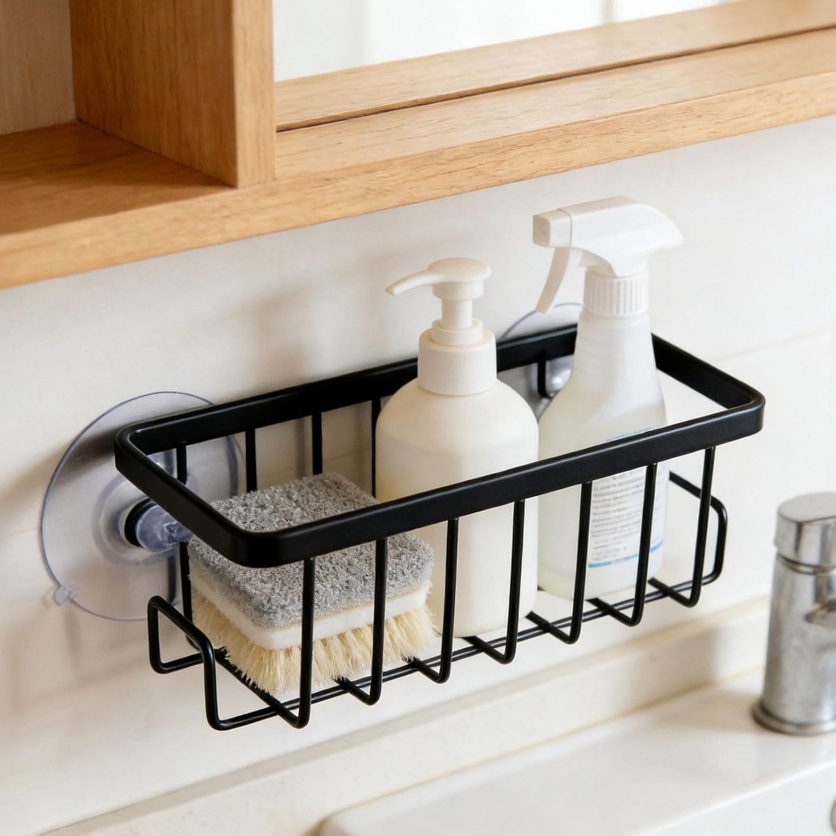 SnelShoppen - Gootsteensponsenhouder met Sterke Zuignap, Roestvrij Aluminium Sponshouder, Afneembare Organiser voor Keuken, Zwart, Ruimtebesparend en
