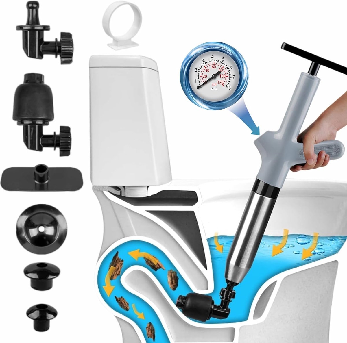 SnelShoppen - Toilet Unblocker, Drain Cleaner met Gecomprimeerde Lucht voor Toilet, Wastafel, Badkuip en Vloerafvoer - Grijs - Hoogdruk Ontstopper met