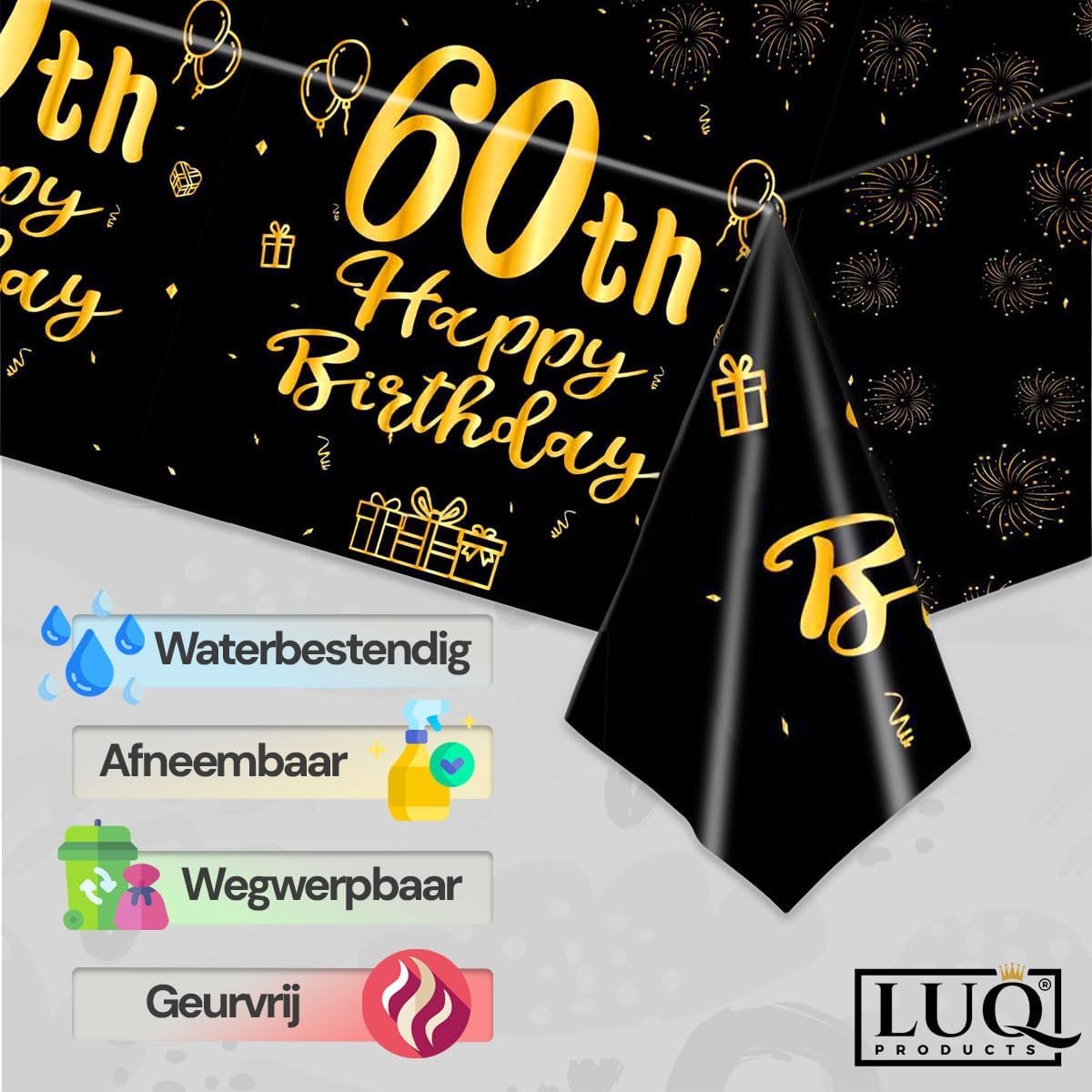 SnelShoppen - Luxe Tafelkleed 60 Jaar Zwart Goud Verjaardag Decoratie Tafel Runner Plastic Oliekleed Feest Tafelkleed XL 137x274 cm