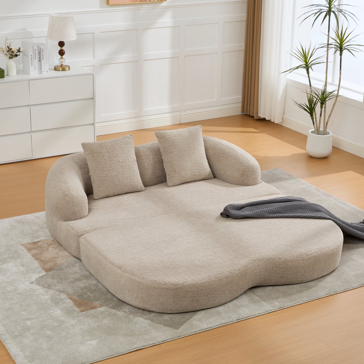 OKWISH Slaapbank 157 Cm - 2-Zits Uitklapbare Bedbank Met 2 Kussens - Chenille En Ergonomische Rugkussens - Woonkamer En Logeerkamer - Khaki
