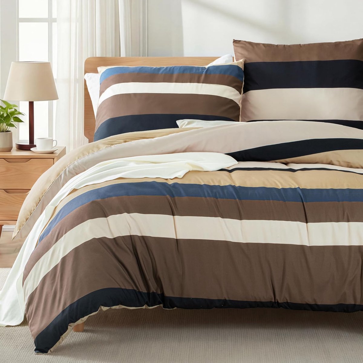 SnelShoppen - Luxe Microfiber Dekbedovertrek 135x200 cm met 1 Kussenhoes 80x80 cm, Streepdesign in Camel, Ademend Bedlinnen voor een Sfeervolle Slaapk