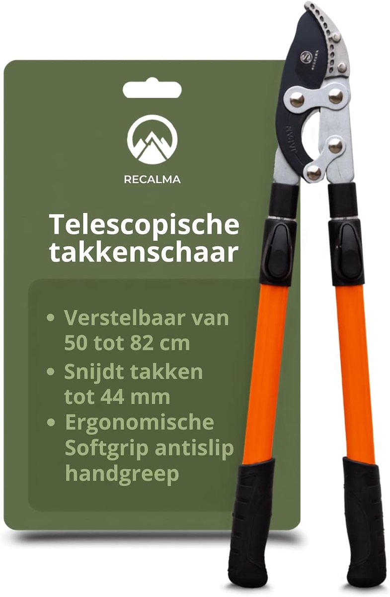 SnelShoppen - Telescopische Snoeischaar 50-82 cm, Ergonomische Handgrepen, Ø44 Snijdiameter, Hoogwaardige Staal, Oranje, Ideaal voor Tuinonderhoud