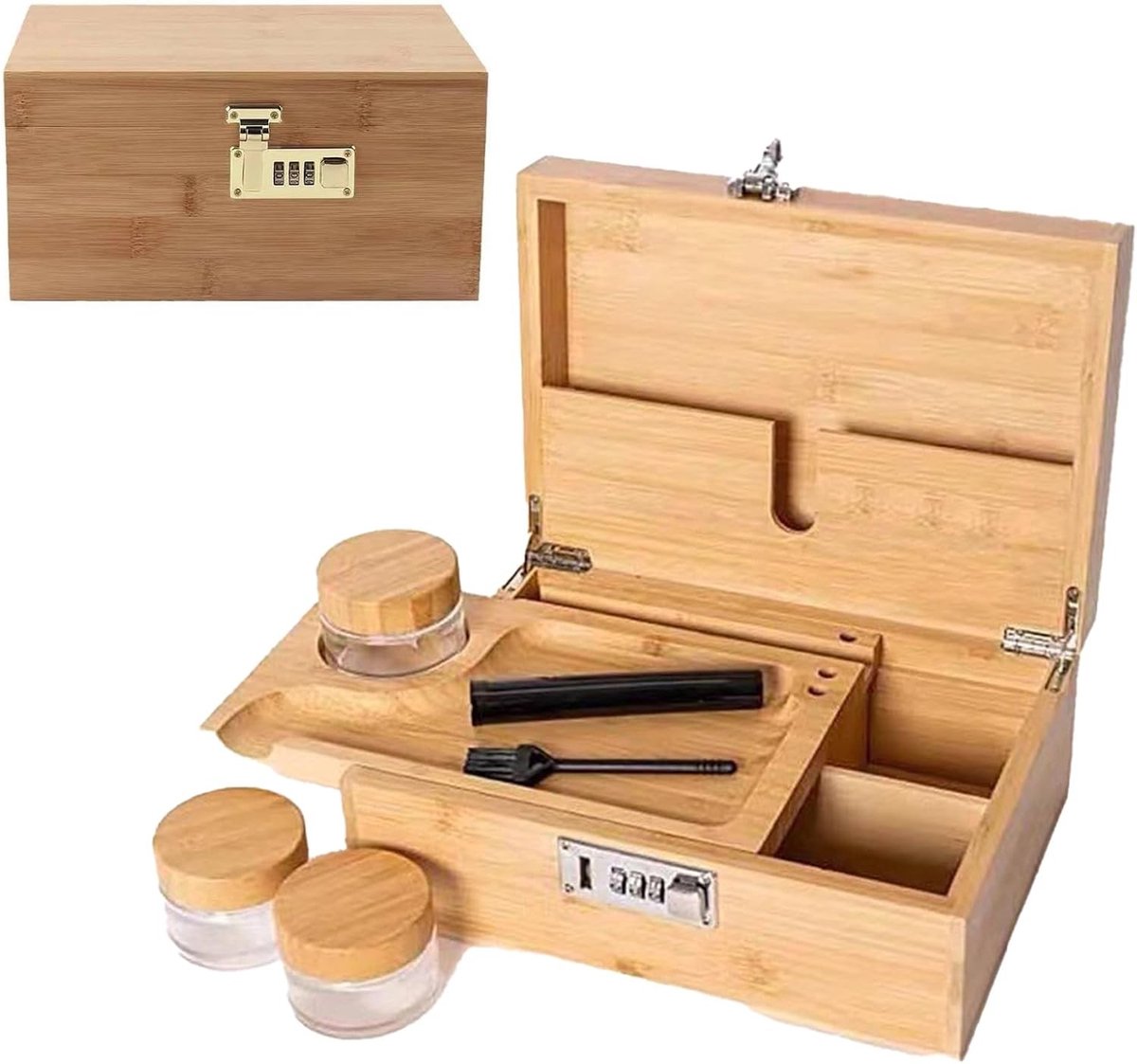 Lockable Opbergdoos van Hout 18L met Combinatieslot, Verwijderbare Lade en Glazen Cup voor Slaapkamer, Kantoor en Woonkamer - 25 x 17 x 11 cm, Ideaal voor Organisatie en Decoratie