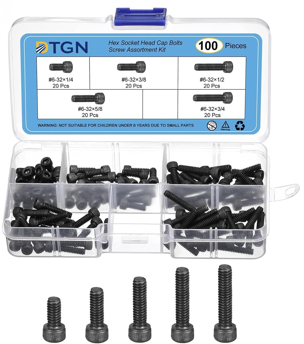 Set van 100 stuks hex schroeven #6-32 in diverse lengtes voor mechanische apparatuur - assortiment carbon stalen machineschroeven, bevestigingsmateriaal en gereedschap