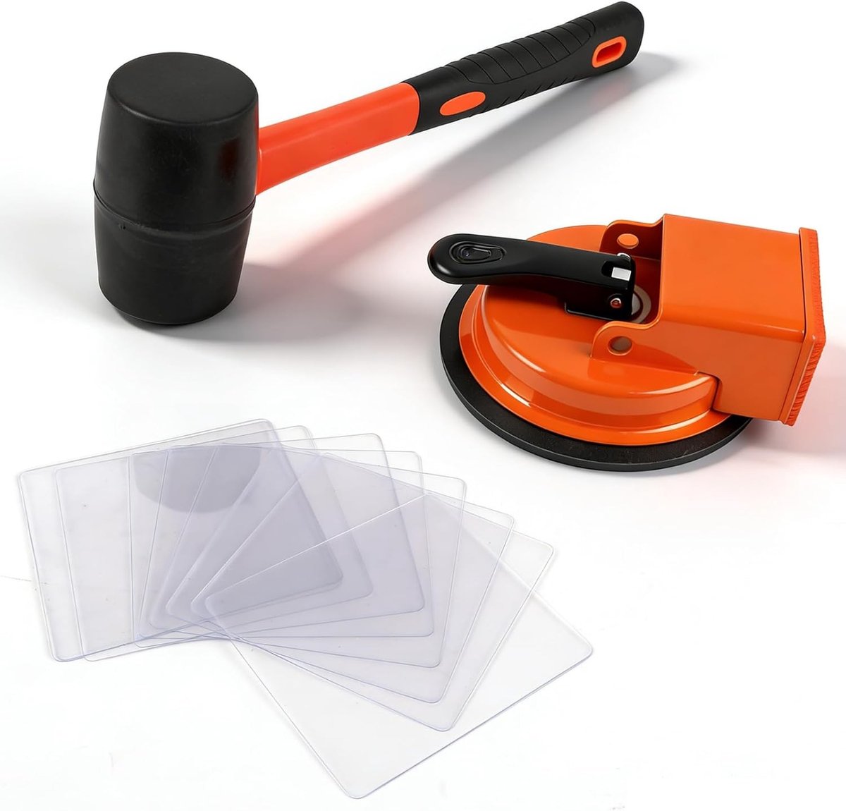 Bevestigingsgereedschap voor vloerspleten met rubberen hamer en zuignap, ideaal voor reparatie van laminaat, vinyl en massief houten vloeren met herbruikbare kleverige pads.