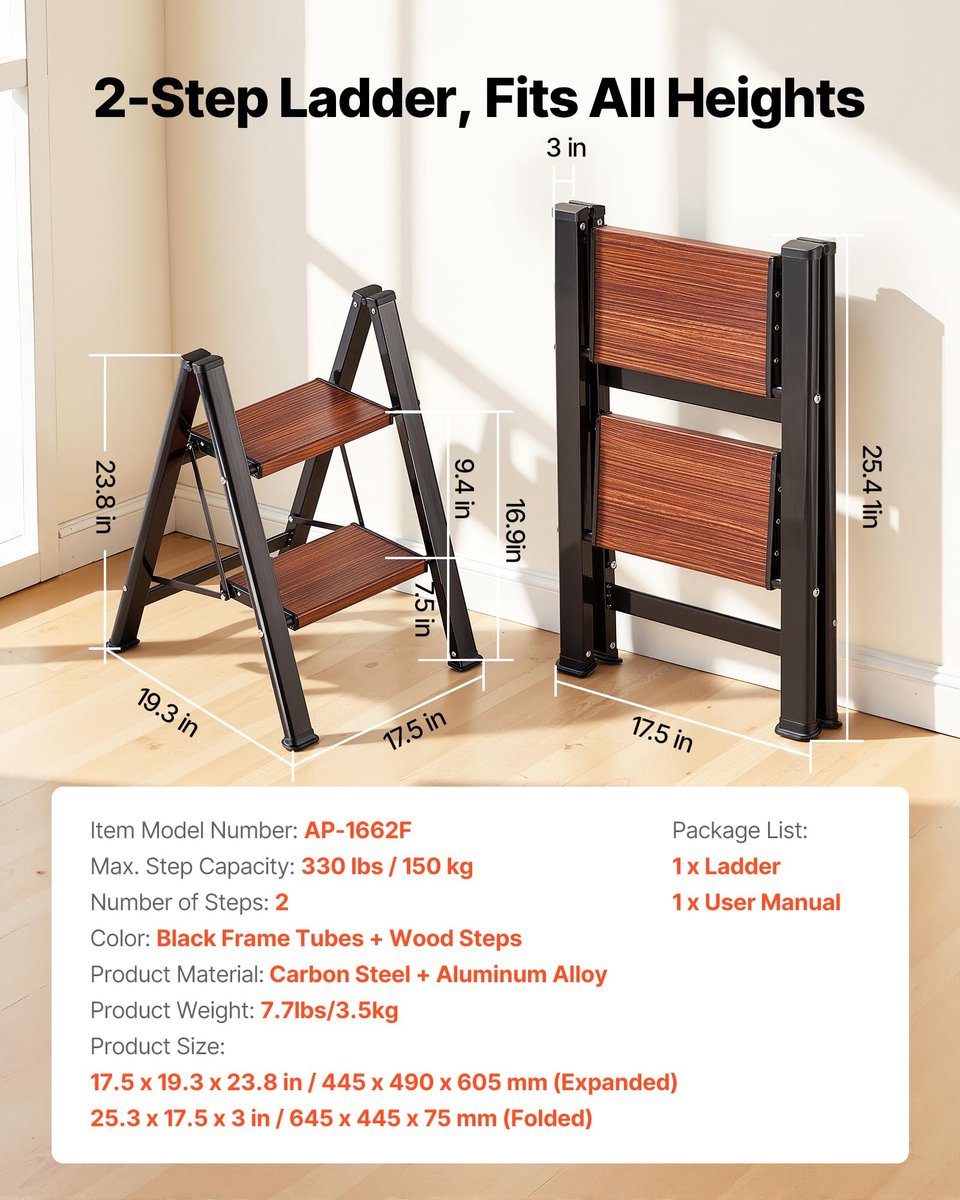 SnelShoppen - Ruimtebesparende Vouwladder 2 Treden met Antislip Pedaal, Comfortabele Handgreep, Lichtgewicht Aluminium, Draagbaar, Capaciteit 150 kg,