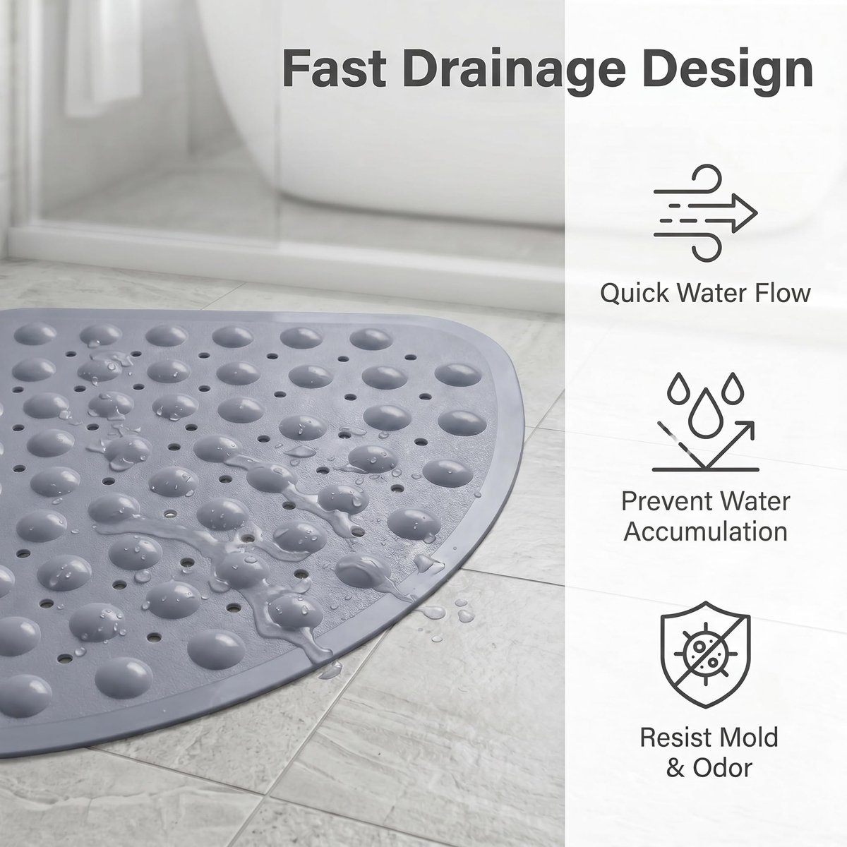 SnelShoppen - Antislip Douchemat Driehoekig 70 x 70 cm PVC Kwart Cirkel Grijs met Zuignappen en Afvoergaten voor Senioren
