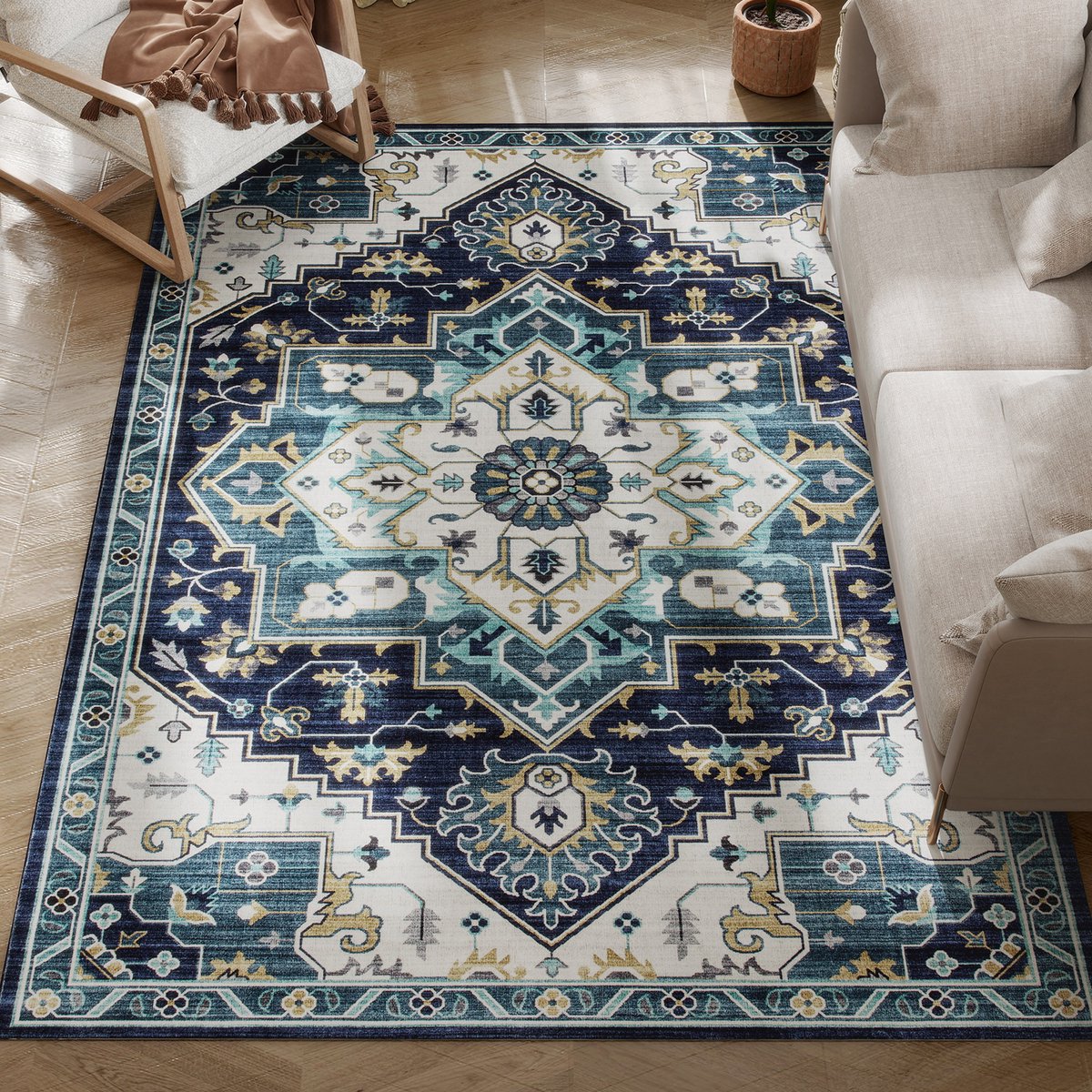 ECTEATOY® Vloerkleed Laagpolig - Carpet - Antislip & Wasbaar Tapijt voor Woonkamer en Slaapkamer - Faux Kasjmier - 230x160 cm - Blauw